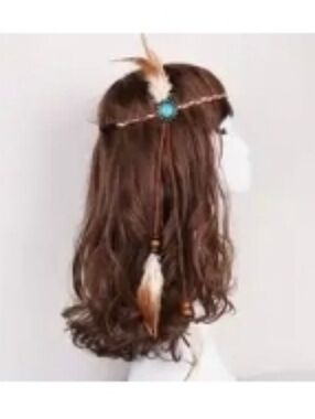 Boho Feather Headband with Turquoise Accent - Brown